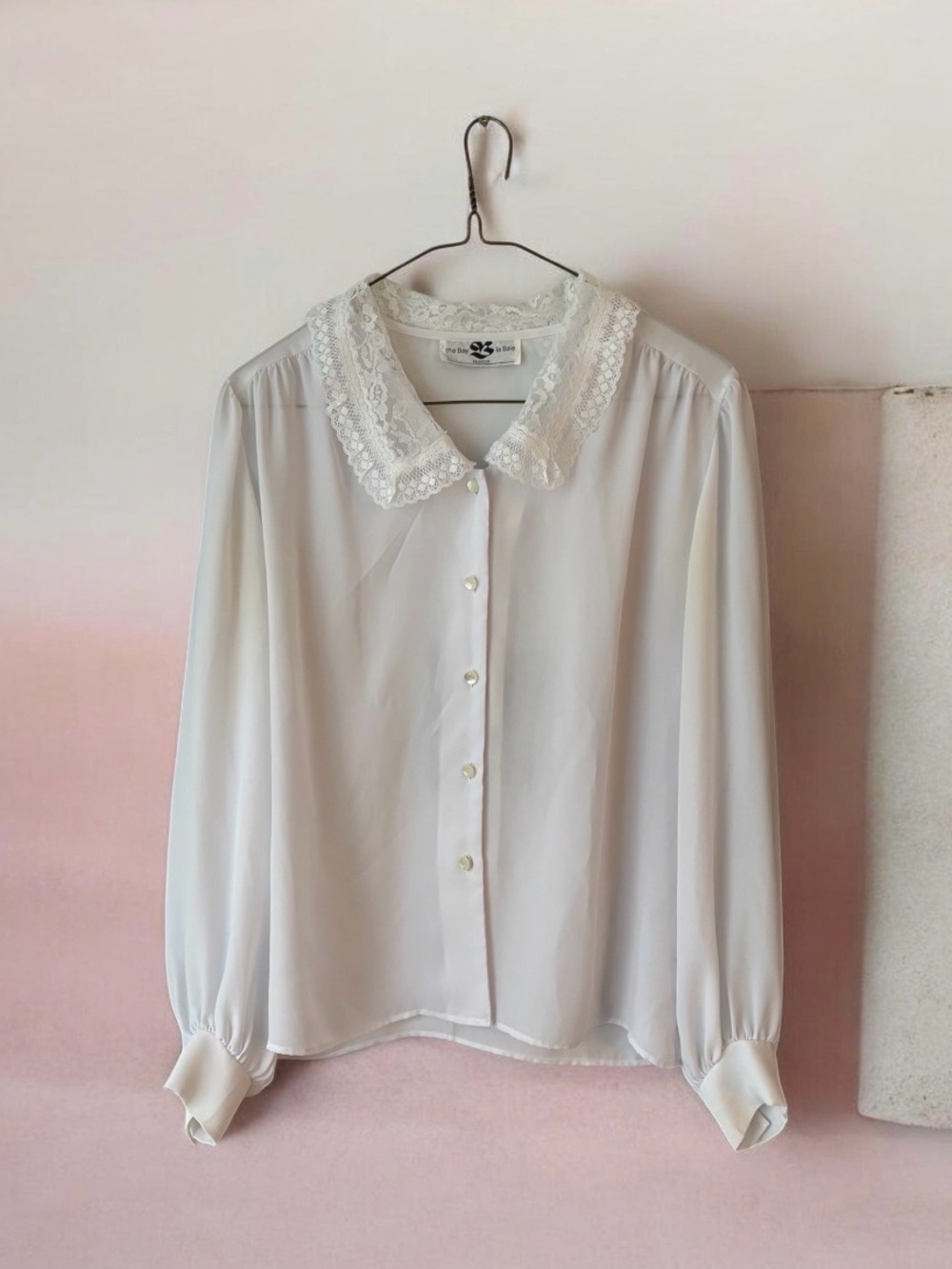 Vintage The Bay Women Lace Collar White Sheer Blouse Romantic Victorian Medium